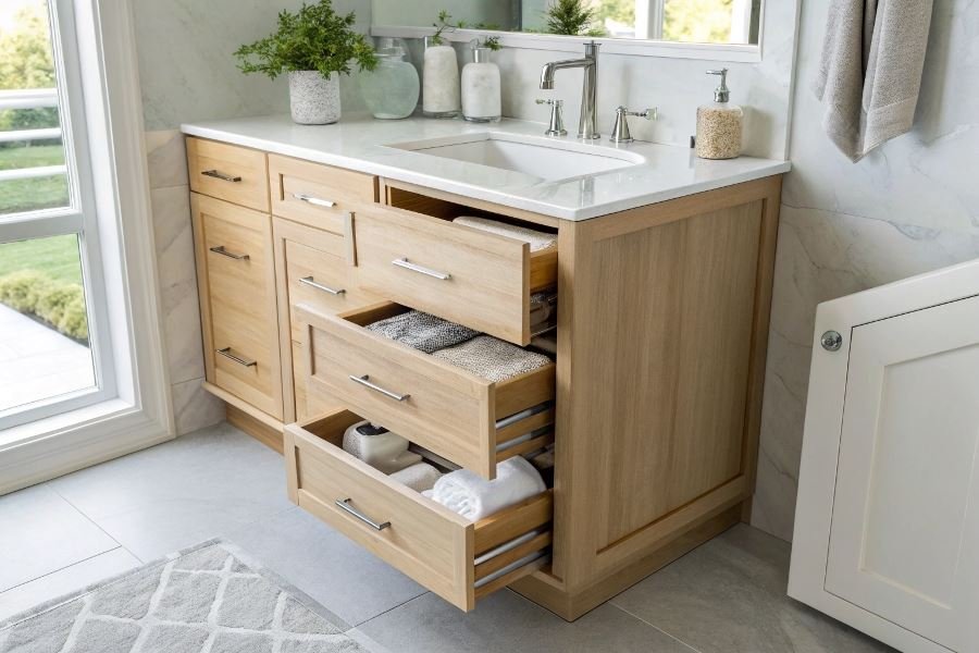 Banyo uchun burchakli shkaflar: joy tejash sirlari