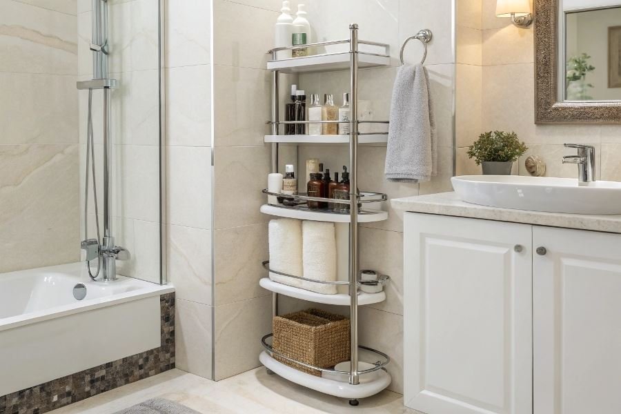 425-bathroom-shelves-without-drilling Suv xonasi uchun burgusiz polkalar: oson o’rnatish usullari