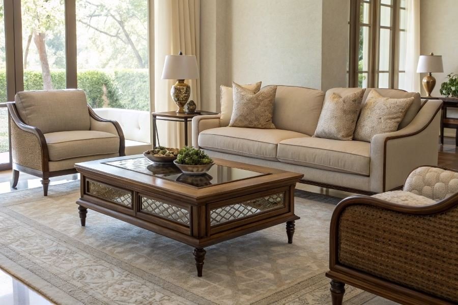 Jurnal stollari: divan va kreslolar bilan uyg’un dizayn yechimlari