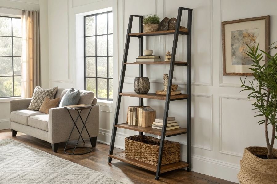 349-ladder-shelves-function-meets-elegance Стеллажи-лестницы: функциональное решение для современной гостиной