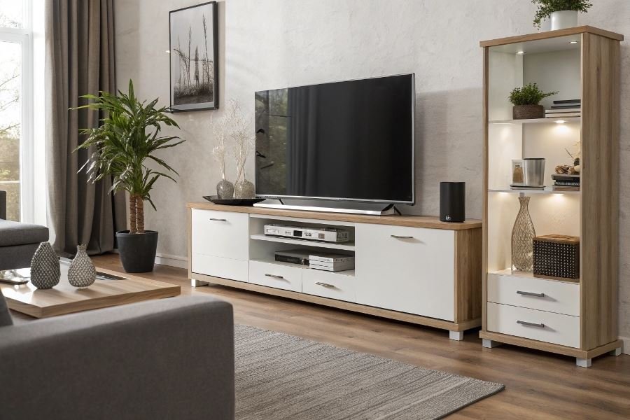 Модульные ТВ-тумбы: особенности и варианты комплектации