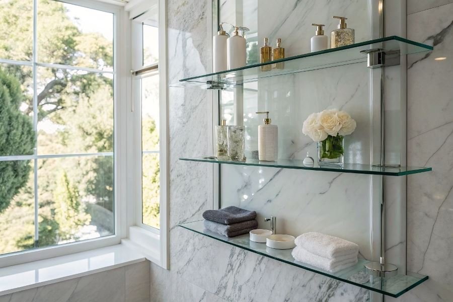 Стеклянные полки для ванной: плюсы и минусы в интерьере